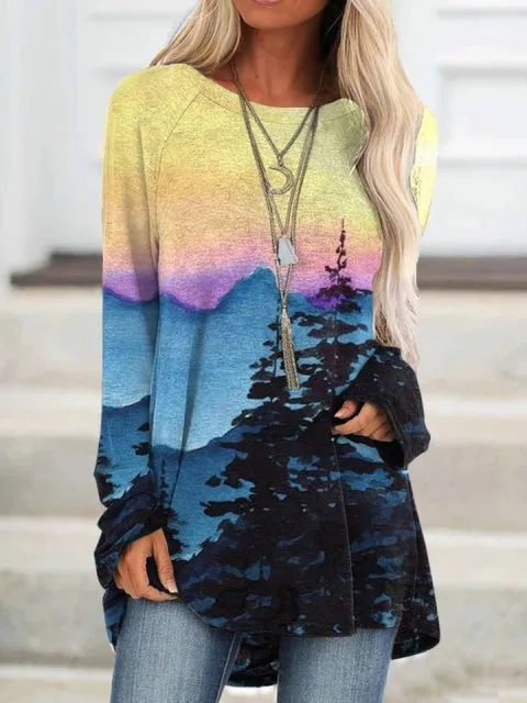 -Fall Outfits Long Sleeve Top  Women Mountain Treetop Print Long Sleeve T-Shirt Women Fashion Sweatshirts &Amp; Tops  Casual Round Neck Loose Cotton Pullover