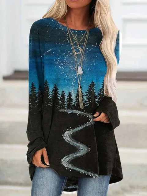 -Fall Outfits Long Sleeve Top  Women Mountain Treetop Print Long Sleeve T-Shirt Women Fashion Sweatshirts &Amp; Tops  Casual Round Neck Loose Cotton Pullover