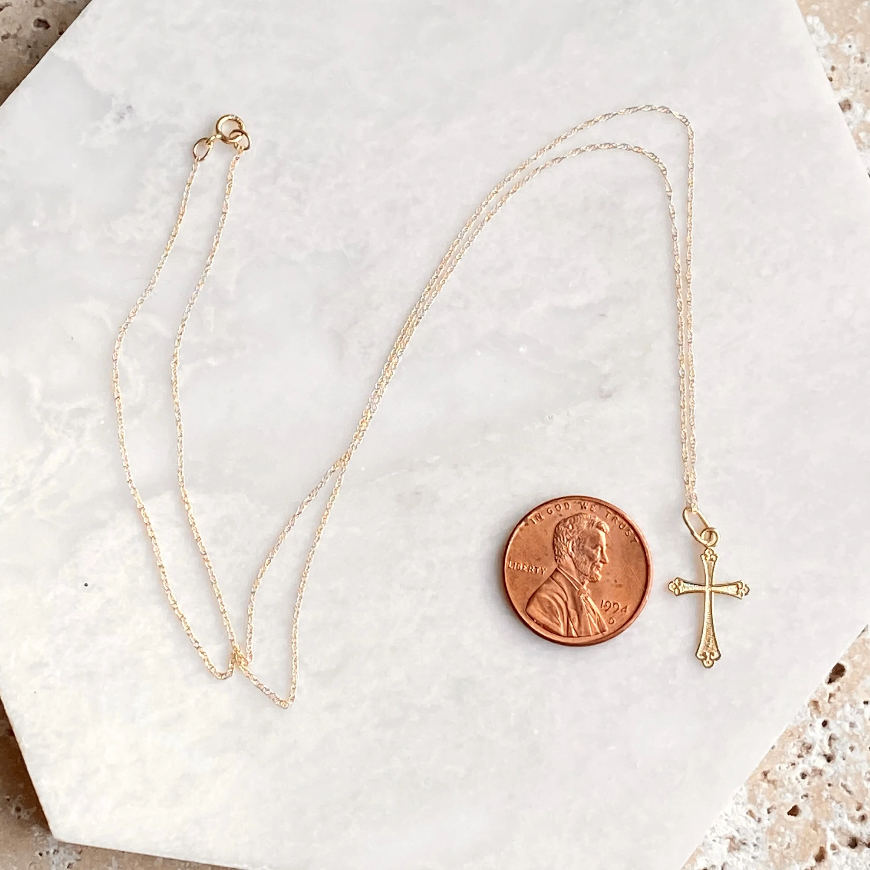 14KT Yellow Gold Textured Small Cross Pendant Chain Necklace
