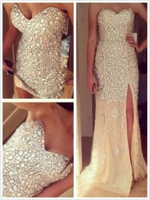 A Line Sweetheart Neck Champagne Long Prom Dresses, Long Formal Dresses