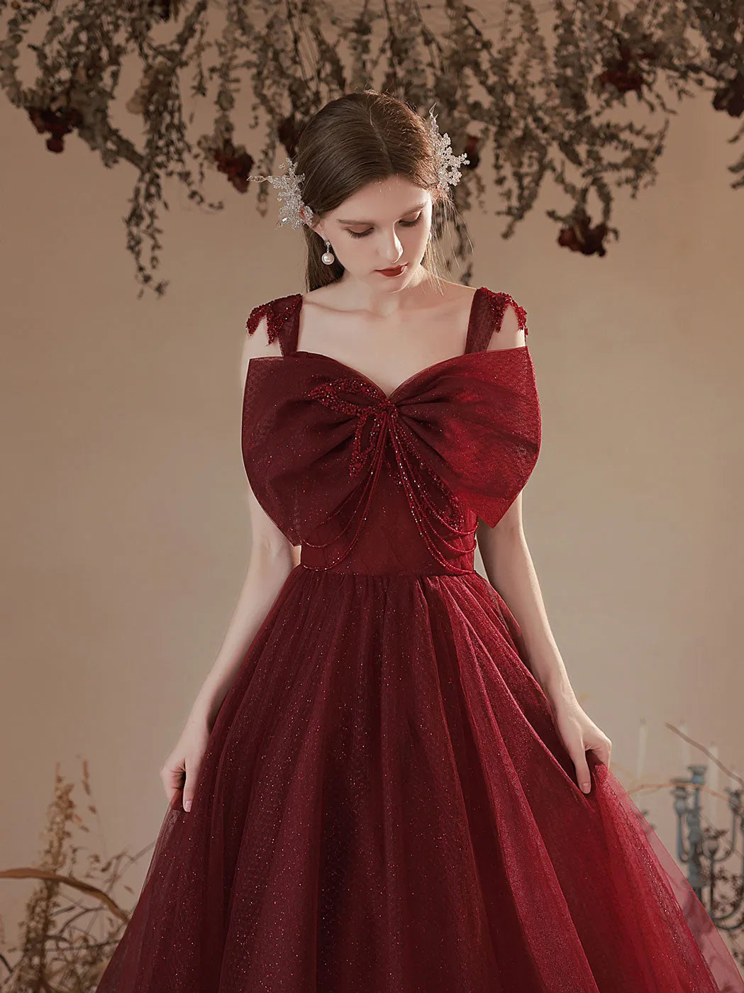A line sweetheart tulle burgundy prom dress, burgundy formal party dress