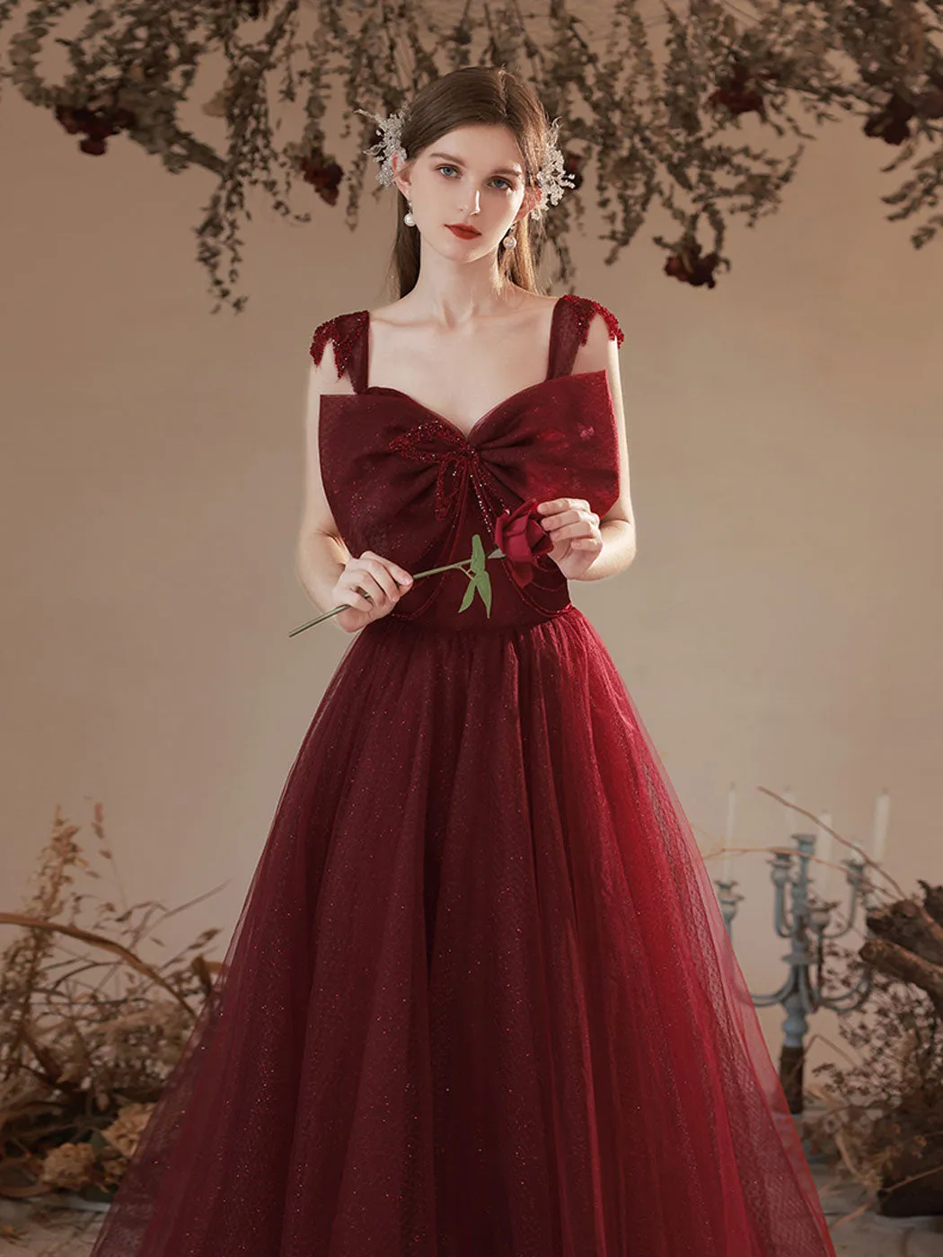 A line sweetheart tulle burgundy prom dress, burgundy formal party dress