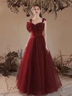 A line sweetheart tulle burgundy prom dress, burgundy formal party dress