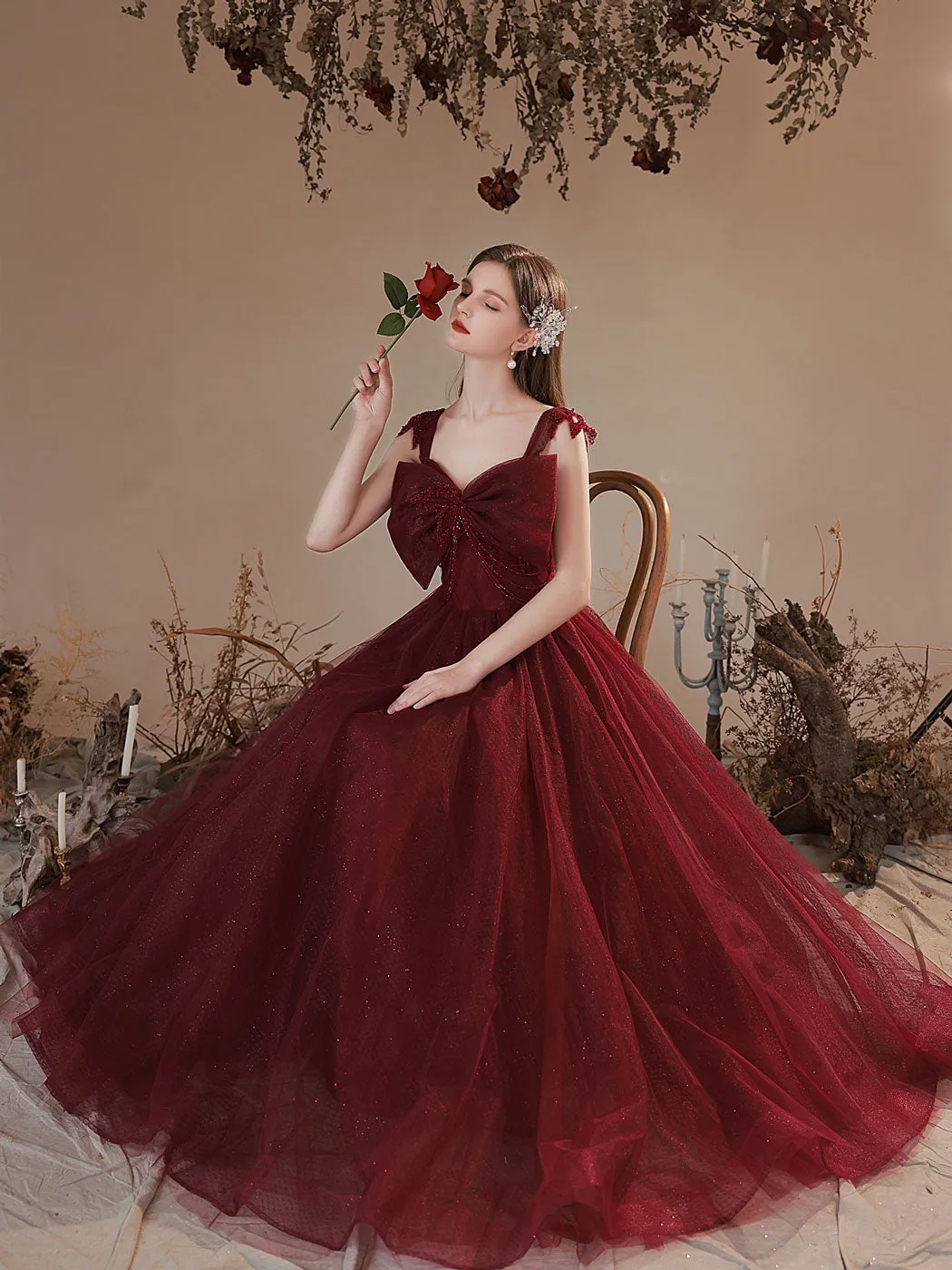 A line sweetheart tulle burgundy prom dress, burgundy formal party dress