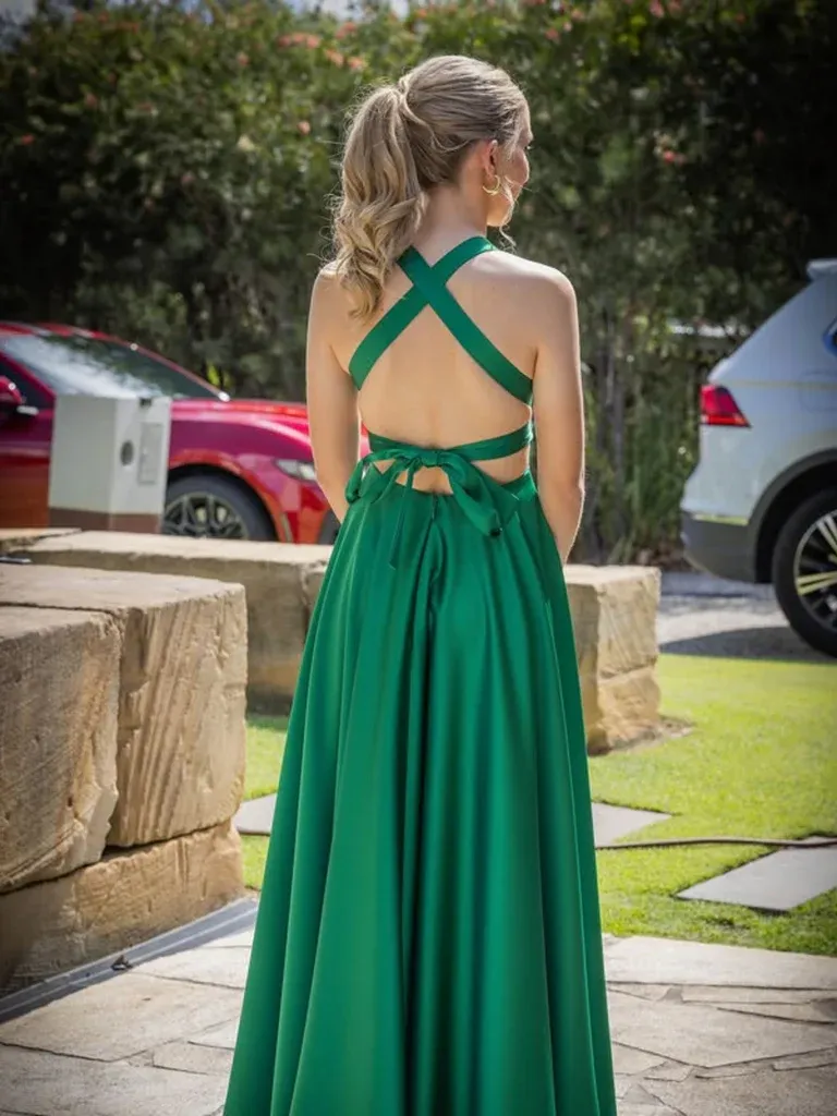 A Line V Neck  Backless Satin Long Prom Dresses, V Neck Open Back Green Satin Long Formal Evening Dresses