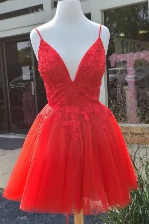 A Line V Neck Red Lace Short Prom Dress, Red Lace Homecoming Dress, Short Red Formal Evening Dress