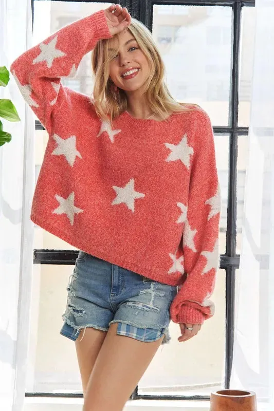 ADORA Full Size Star Contrast Round Neck Sweater Plus Size