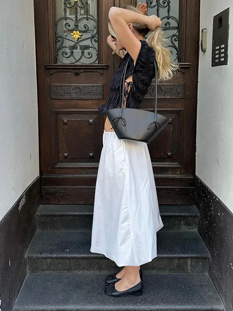 ADVBRIDGE  -  Elegant Pleated Side Lace Up Shirt Women Vintage Solid Short Sleeve High Neck Shirts Female Spring Versatile Chic Street Tops