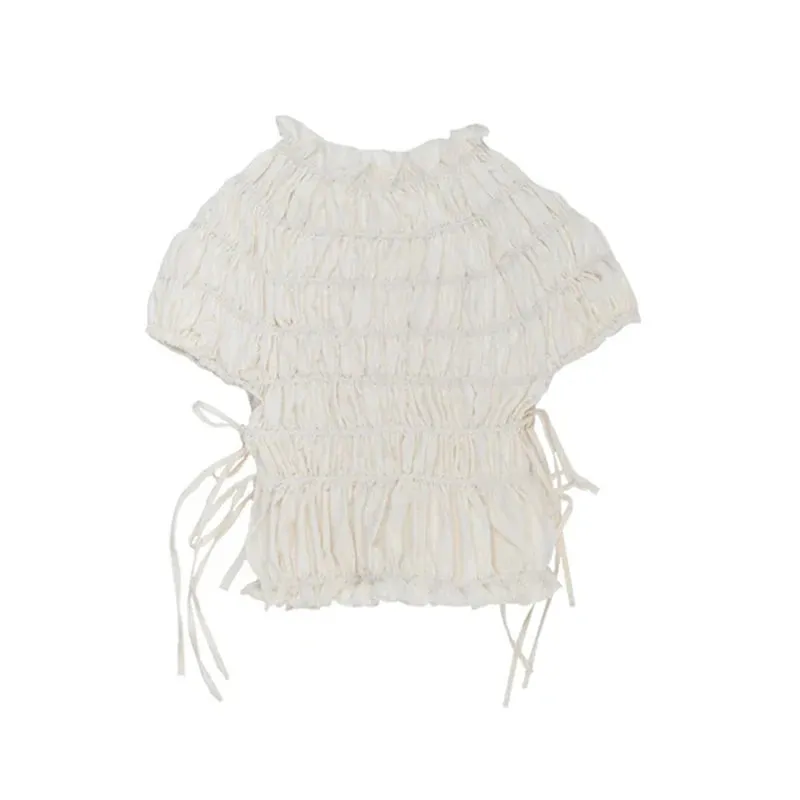 ADVBRIDGE  -  Elegant Pleated Side Lace Up Shirt Women Vintage Solid Short Sleeve High Neck Shirts Female Spring Versatile Chic Street Tops