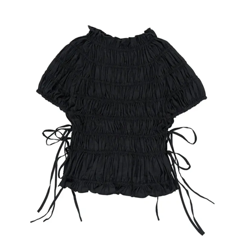 ADVBRIDGE  -  Elegant Pleated Side Lace Up Shirt Women Vintage Solid Short Sleeve High Neck Shirts Female Spring Versatile Chic Street Tops