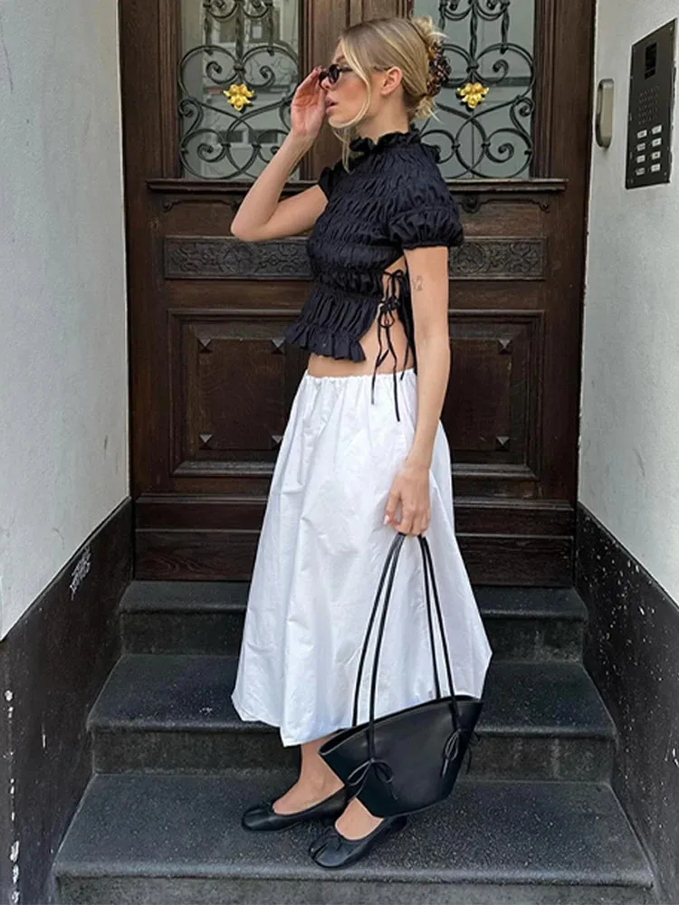 ADVBRIDGE  -  Elegant Pleated Side Lace Up Shirt Women Vintage Solid Short Sleeve High Neck Shirts Female Spring Versatile Chic Street Tops