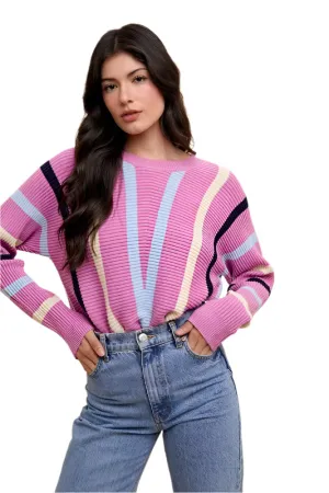 Annie Wear Chevron Stripe Round Neck Ribbed Sweater
