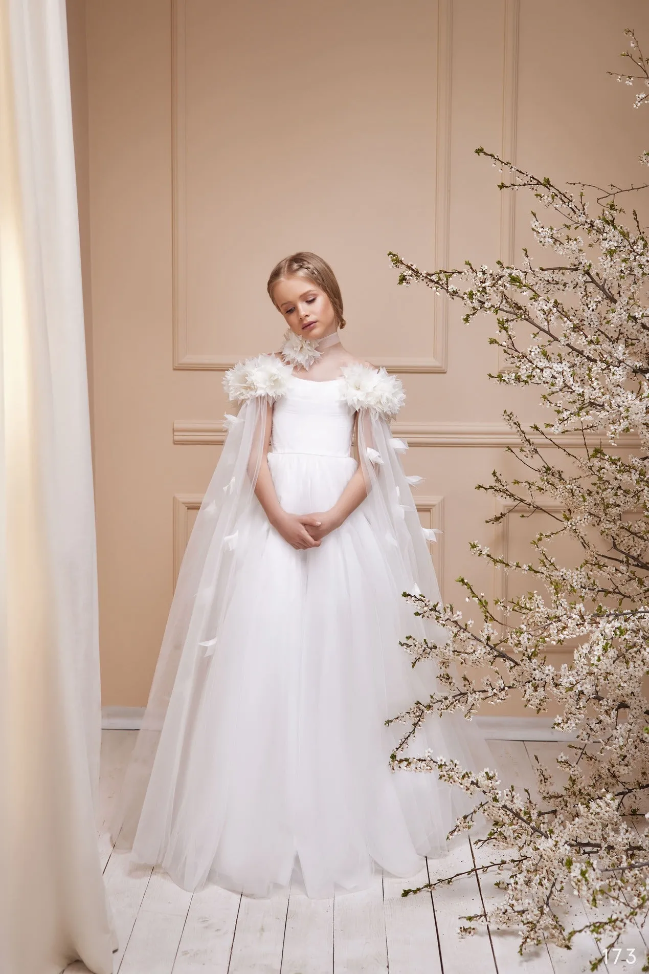Aster Junior Bridesmaid Dress with Cold Shoulder and  Detachable Cape