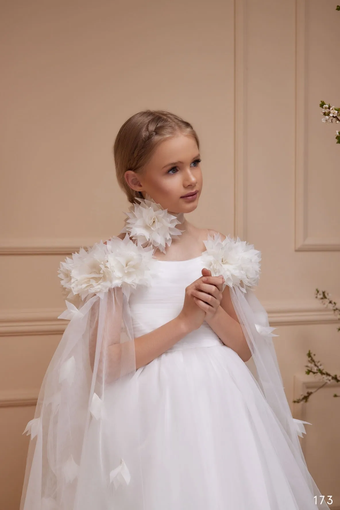 Aster Junior Bridesmaid Dress with Cold Shoulder and  Detachable Cape