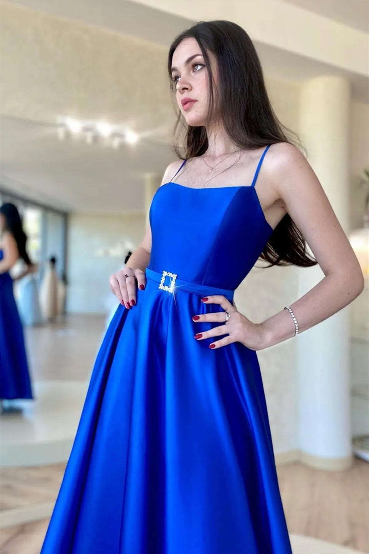 Backless Royal Blue Satin Long Prom Dress with High Slit, Backless Blue Formal Graduation Evening Dress A1693