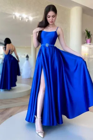 Backless Royal Blue Satin Long Prom Dress with High Slit, Backless Blue Formal Graduation Evening Dress A1693