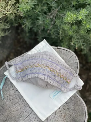 Be Safe. Be Kind" Hand Smocked Heirloom Mask - Swiss Dot, Vintage Grey