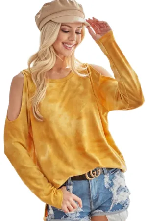 BiBi Tie-Dye French Terry Round Neck Cold Shoulder T-Shirt