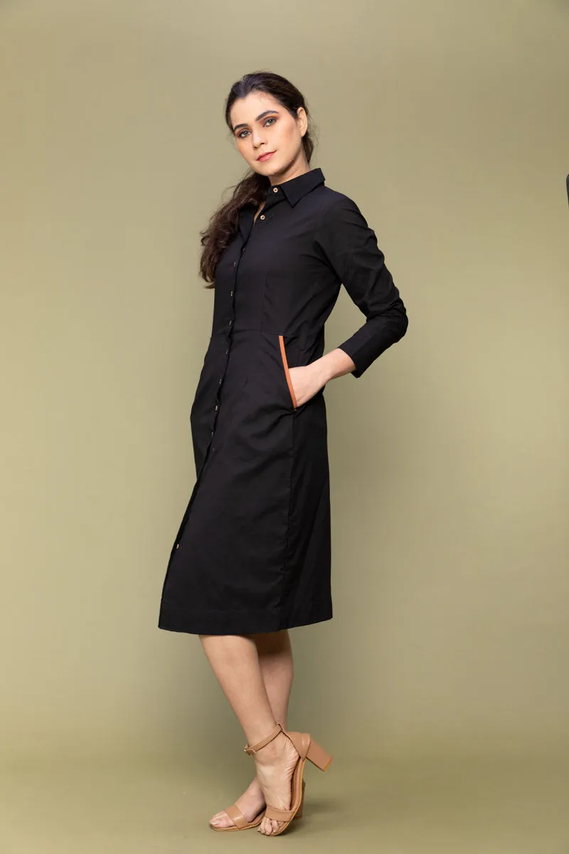 Black Cotton Bodycon Shirt Dress with Lace Belt