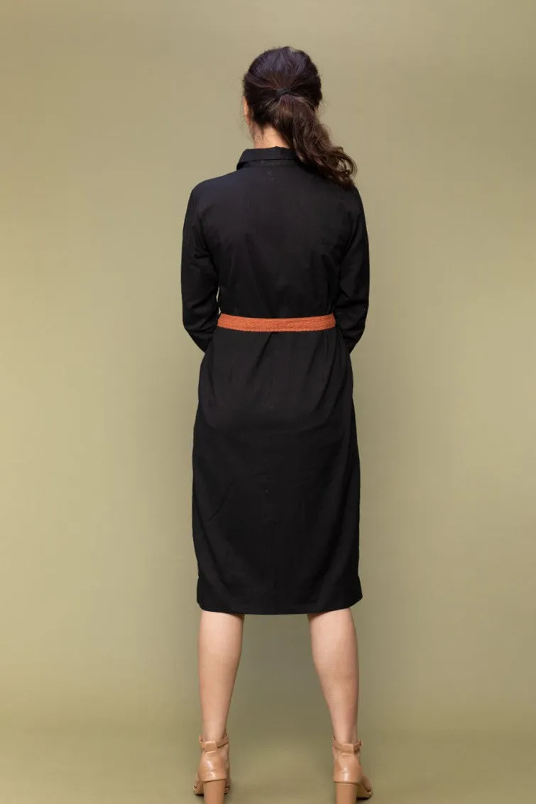 Black Cotton Bodycon Shirt Dress with Lace Belt