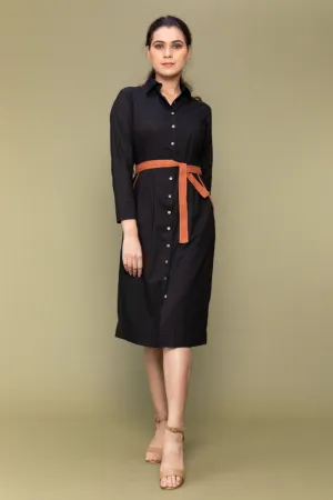 Black Cotton Bodycon Shirt Dress with Lace Belt