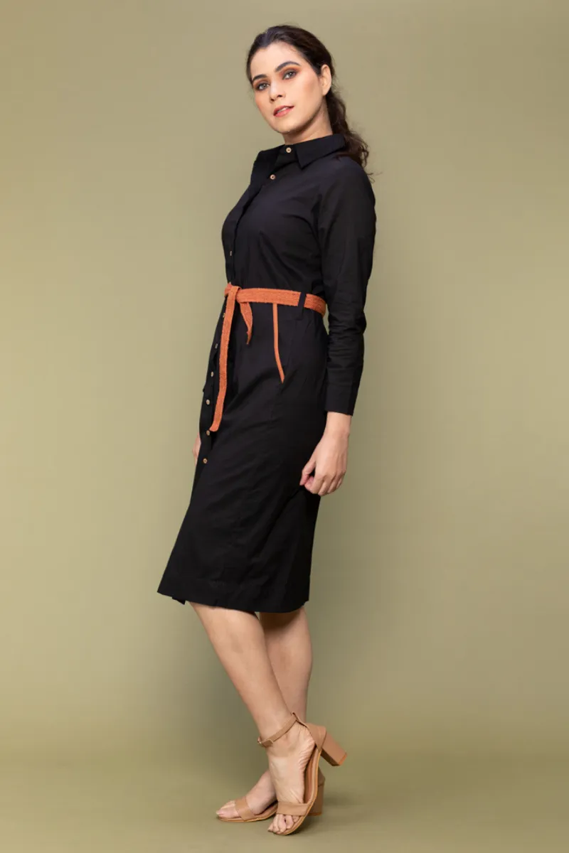Black Cotton Bodycon Shirt Dress with Lace Belt