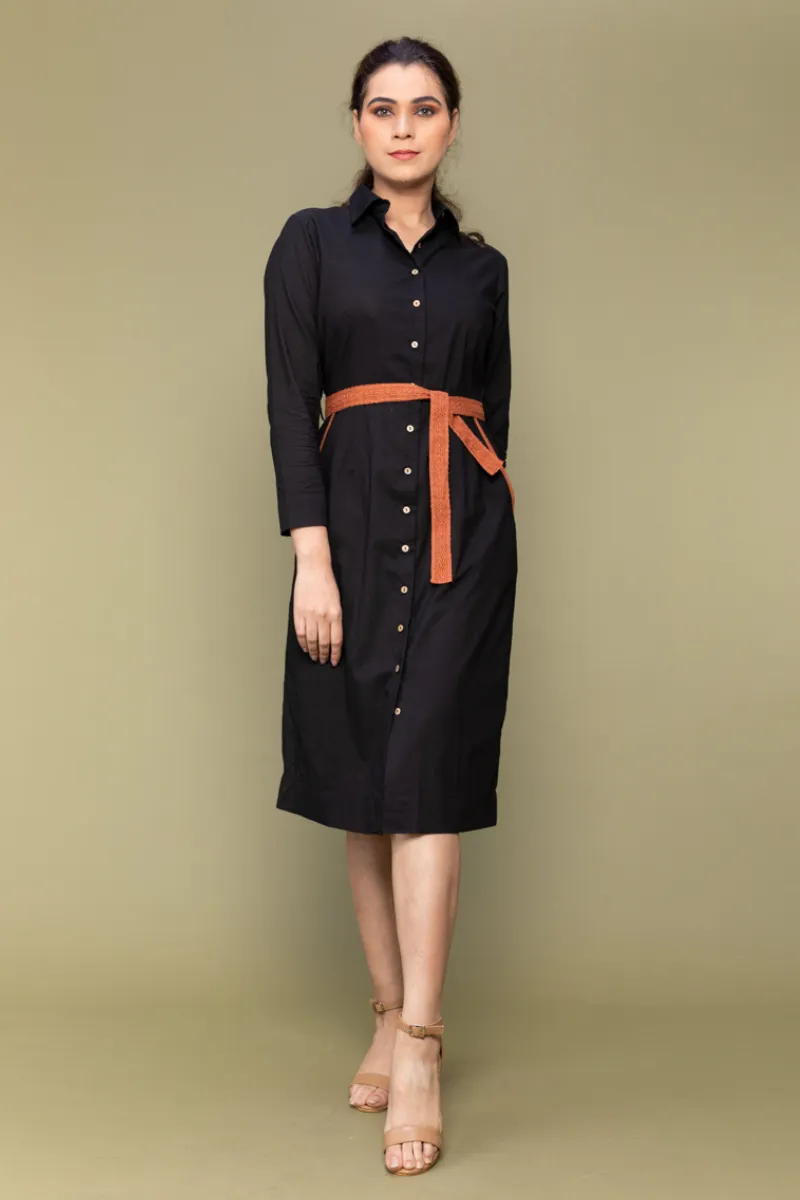 Black Cotton Bodycon Shirt Dress with Lace Belt