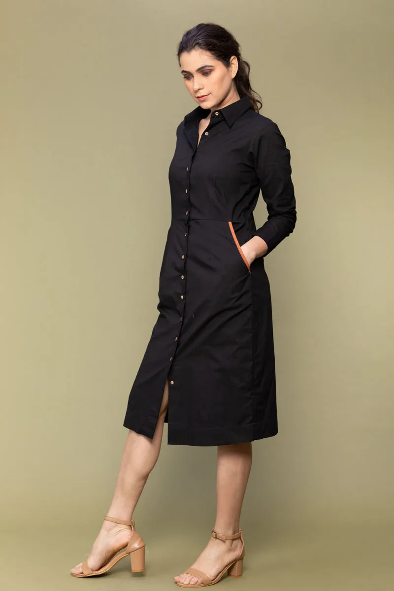 Black Cotton Bodycon Shirt Dress with Lace Belt