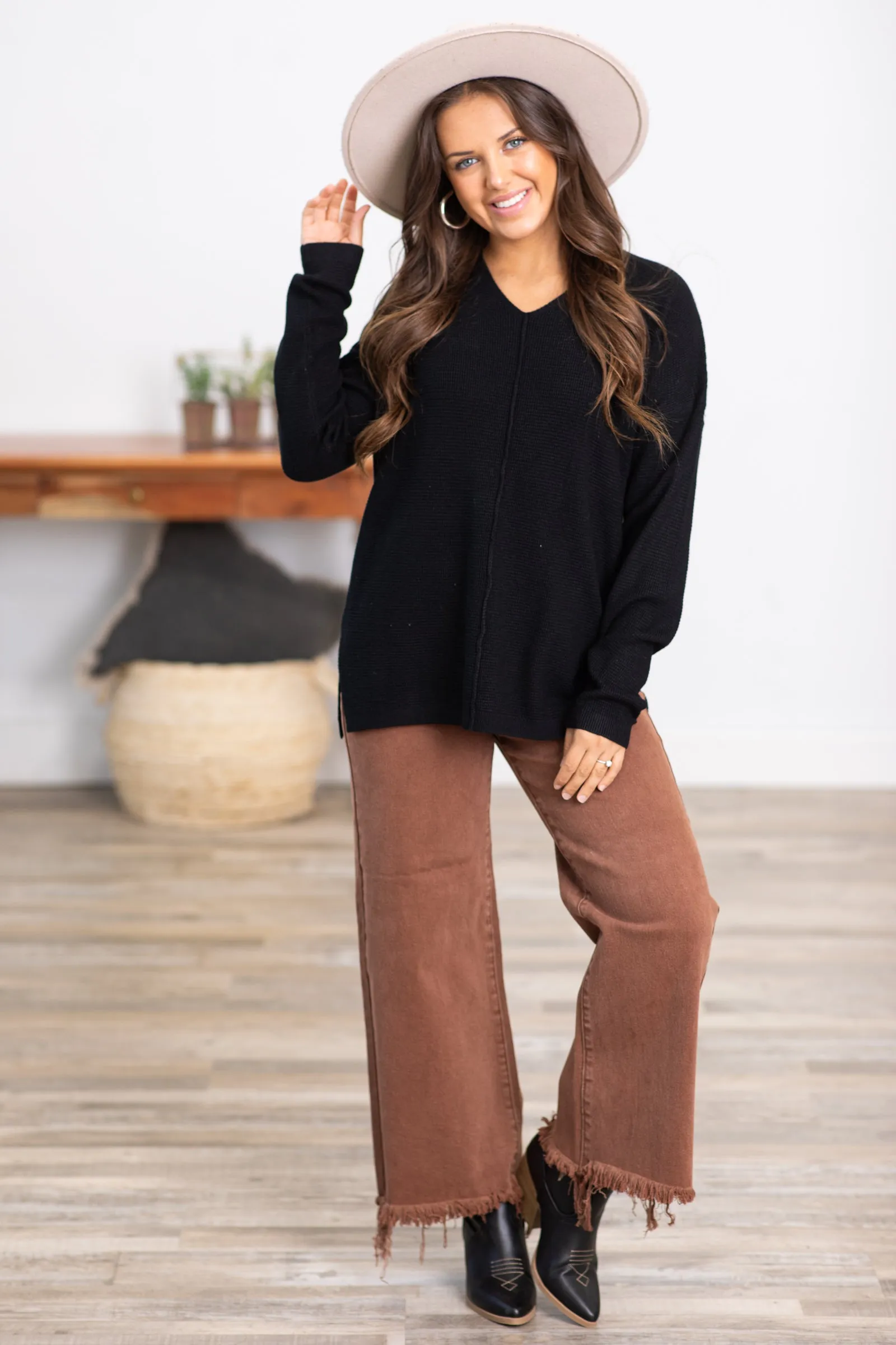 Black Mini Waffle V-Neck Sweater With Seam