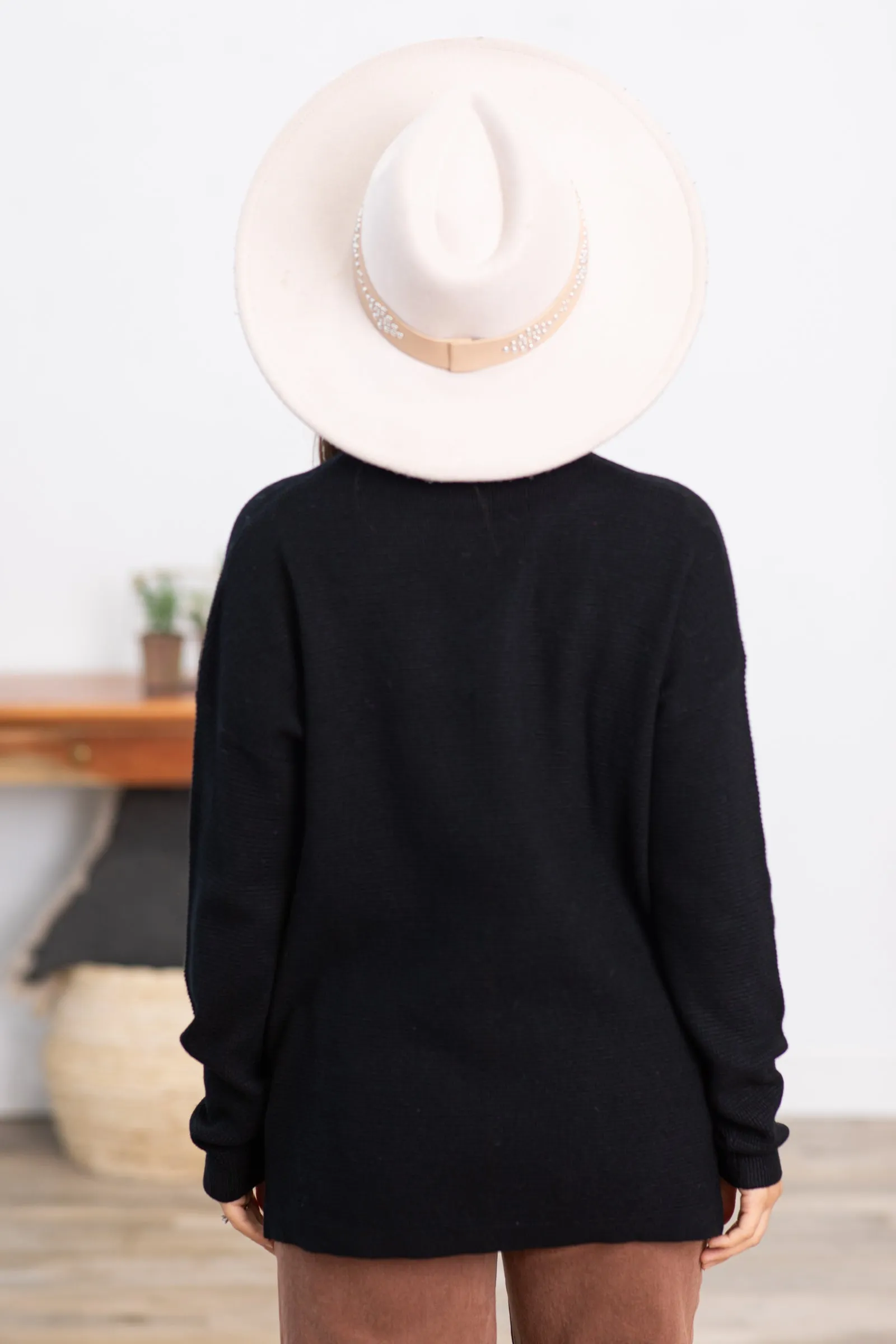 Black Mini Waffle V-Neck Sweater With Seam