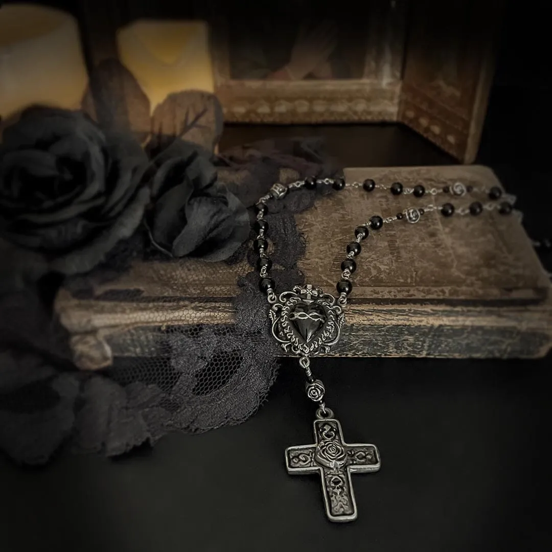 Black Sacred Heart Rosary Necklace