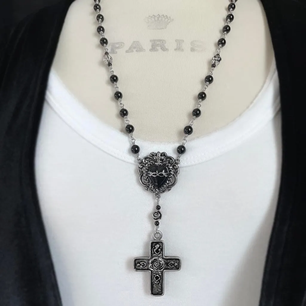 Black Sacred Heart Rosary Necklace