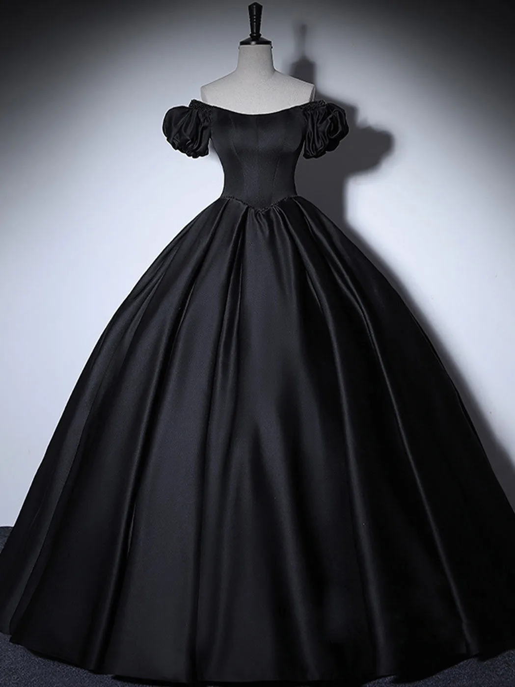 Black satin long prom dress black Quinceanera Dresses