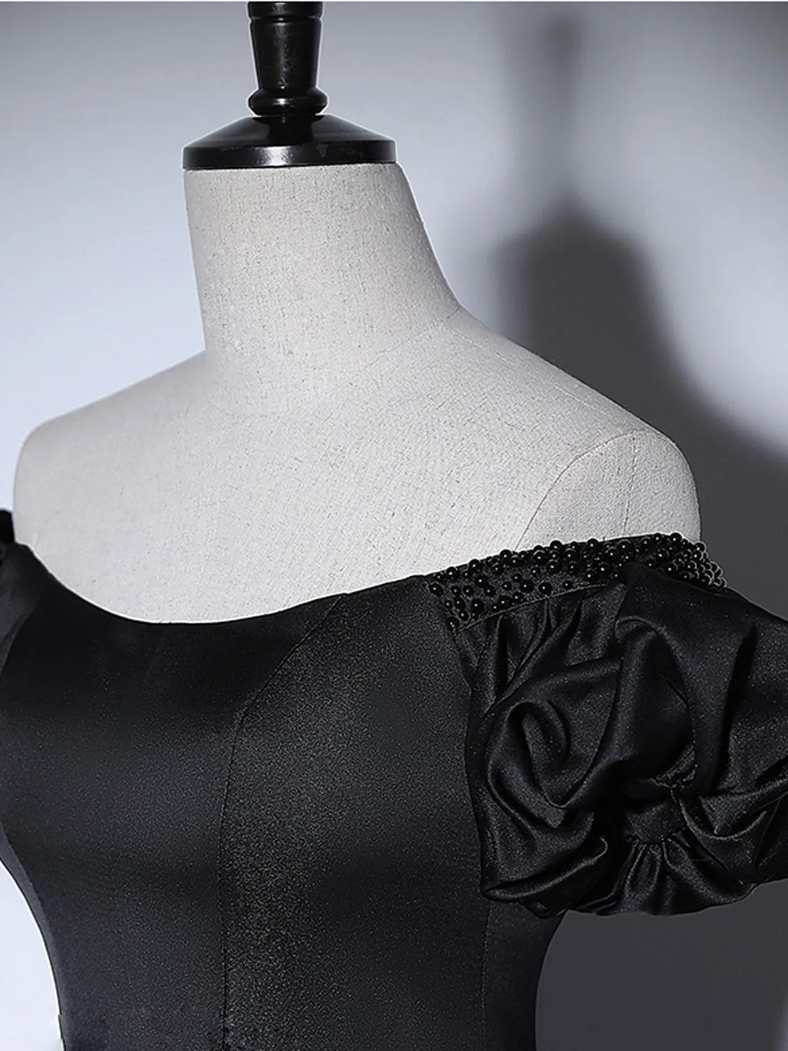 Black satin long prom dress black Quinceanera Dresses