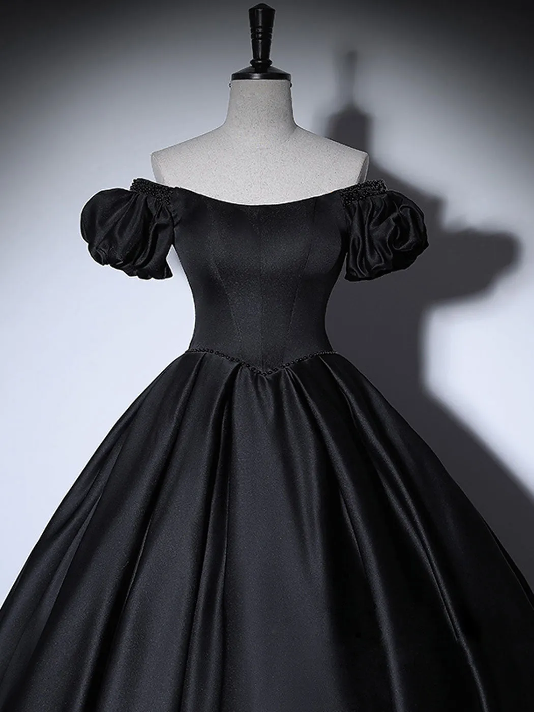 Black satin long prom dress black Quinceanera Dresses