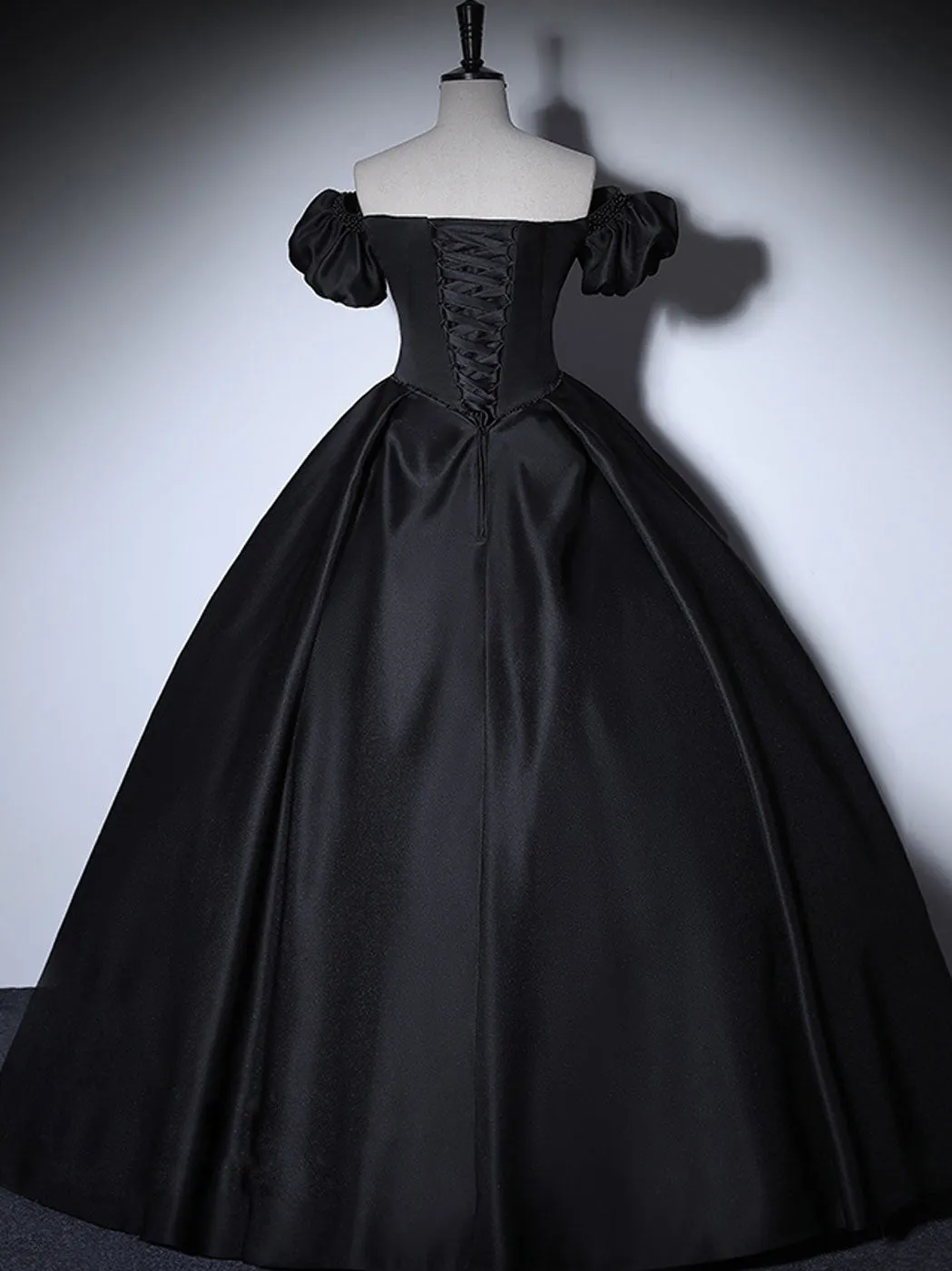 Black satin long prom dress black Quinceanera Dresses