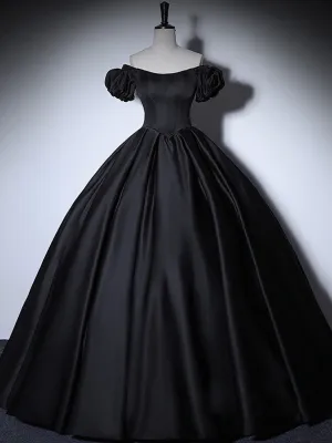 Black satin long prom dress black Quinceanera Dresses