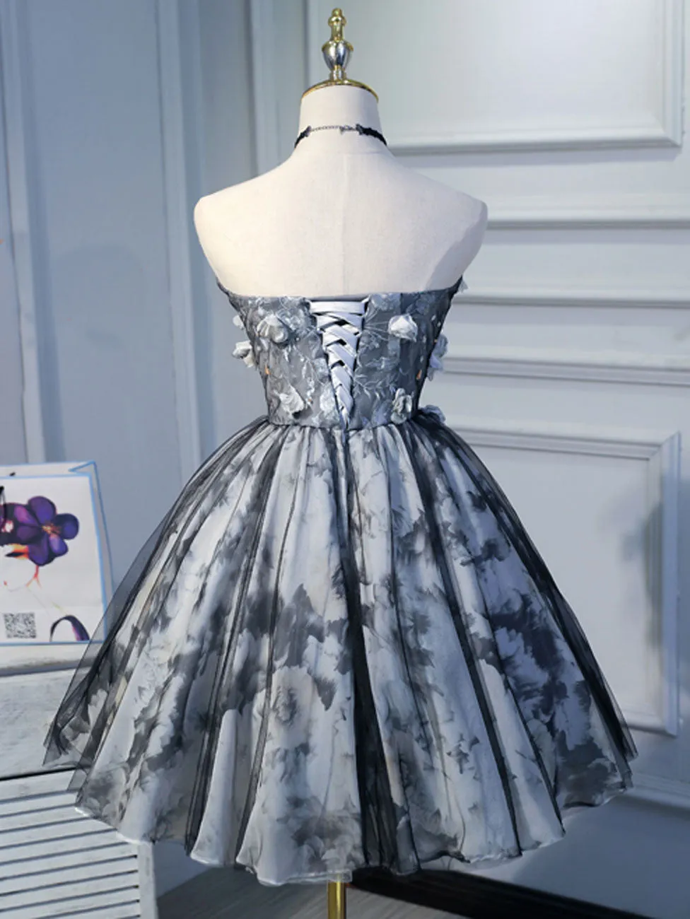 Black Short Prom Dress, Puffy Lace Black Homecoming Dresses