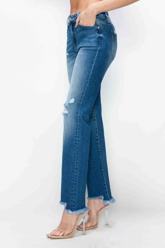Blue Raw Hem Distressed Mid Rise Straight Jeans
