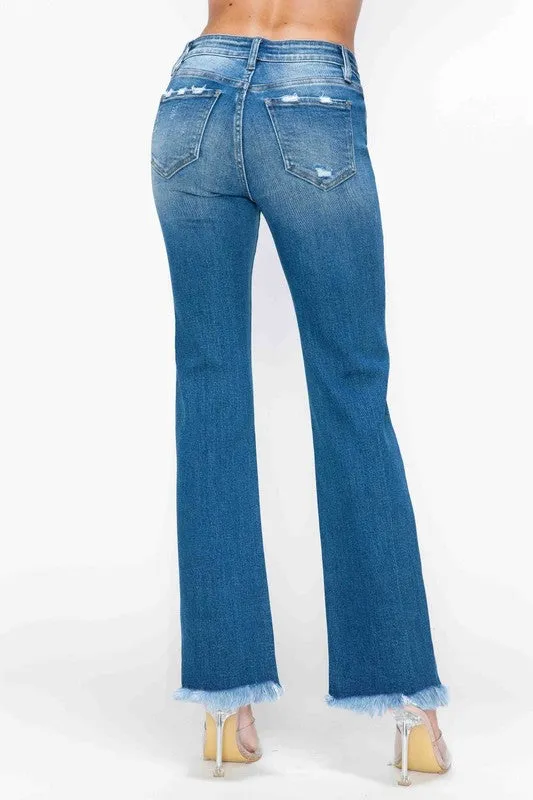 Blue Raw Hem Distressed Mid Rise Straight Jeans