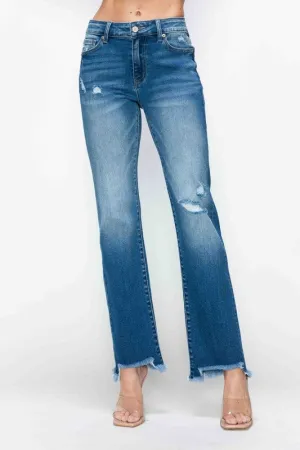 Blue Raw Hem Distressed Mid Rise Straight Jeans