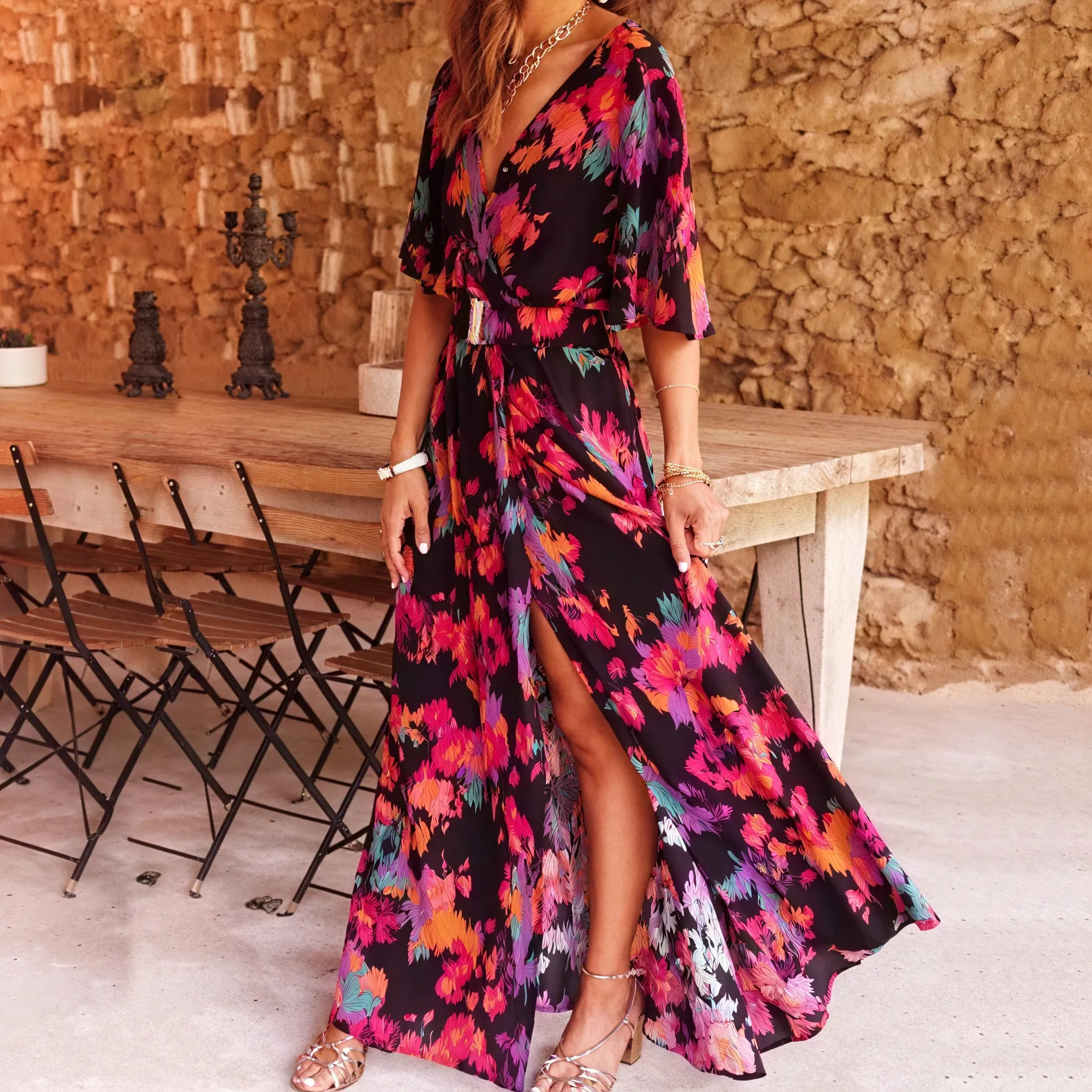 Bohemian Chic Maxi Dress with High Slit