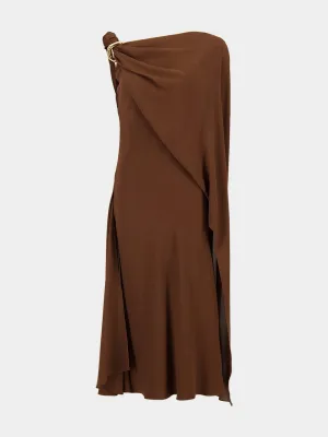 Brown Draped Silk Midi Dress