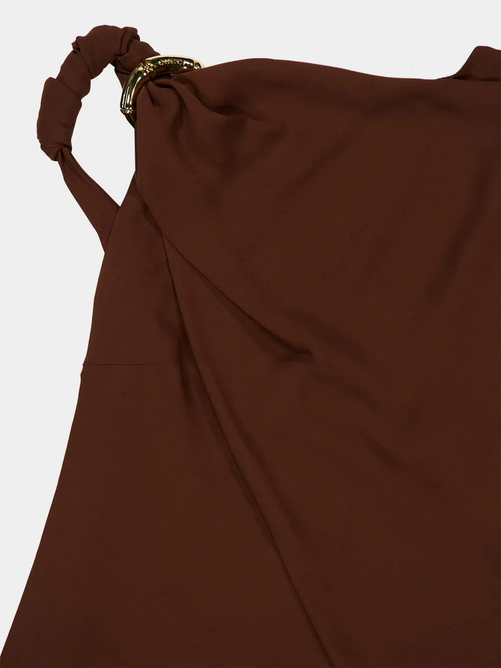Brown Draped Silk Midi Dress