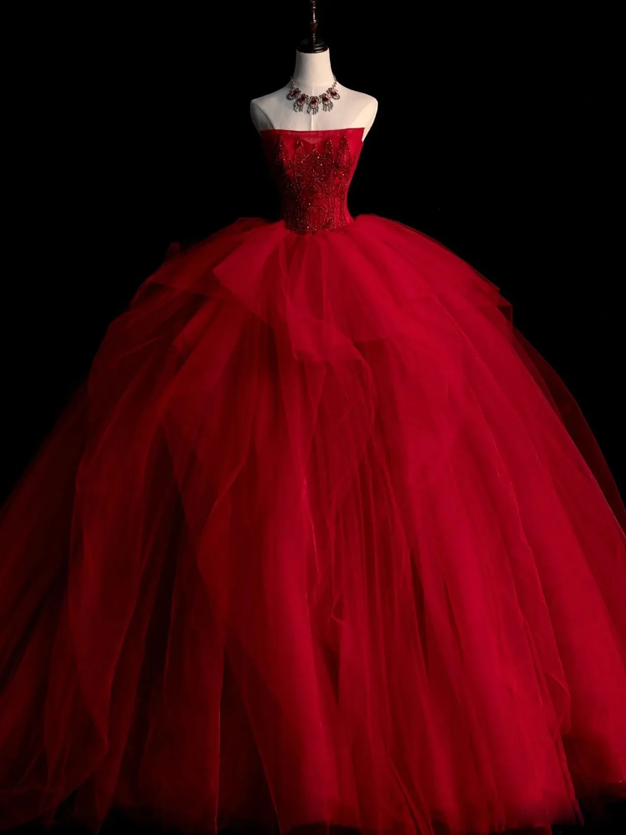 Burgundy tulle long prom gown burgundy long evening dress
