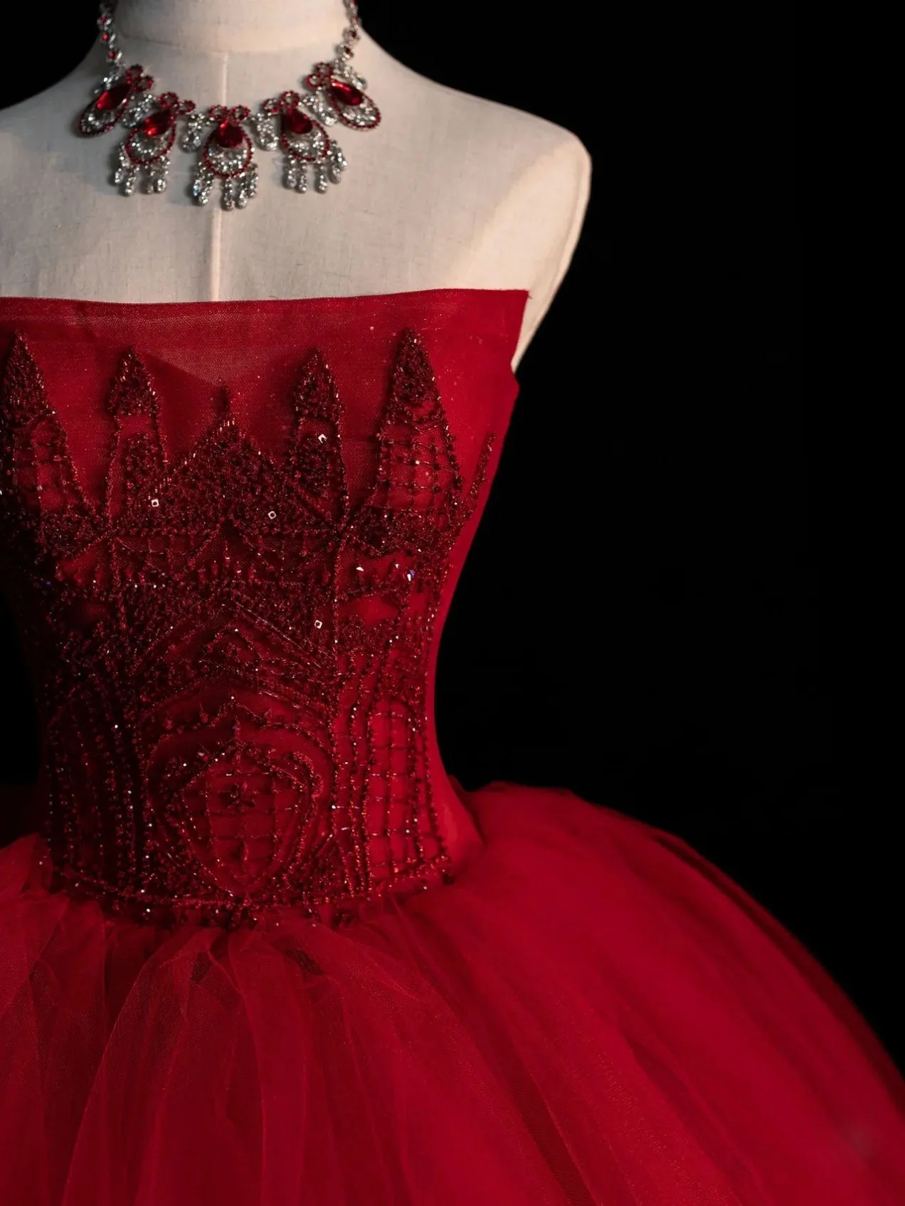 Burgundy tulle long prom gown burgundy long evening dress