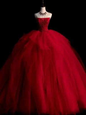Burgundy tulle long prom gown burgundy long evening dress