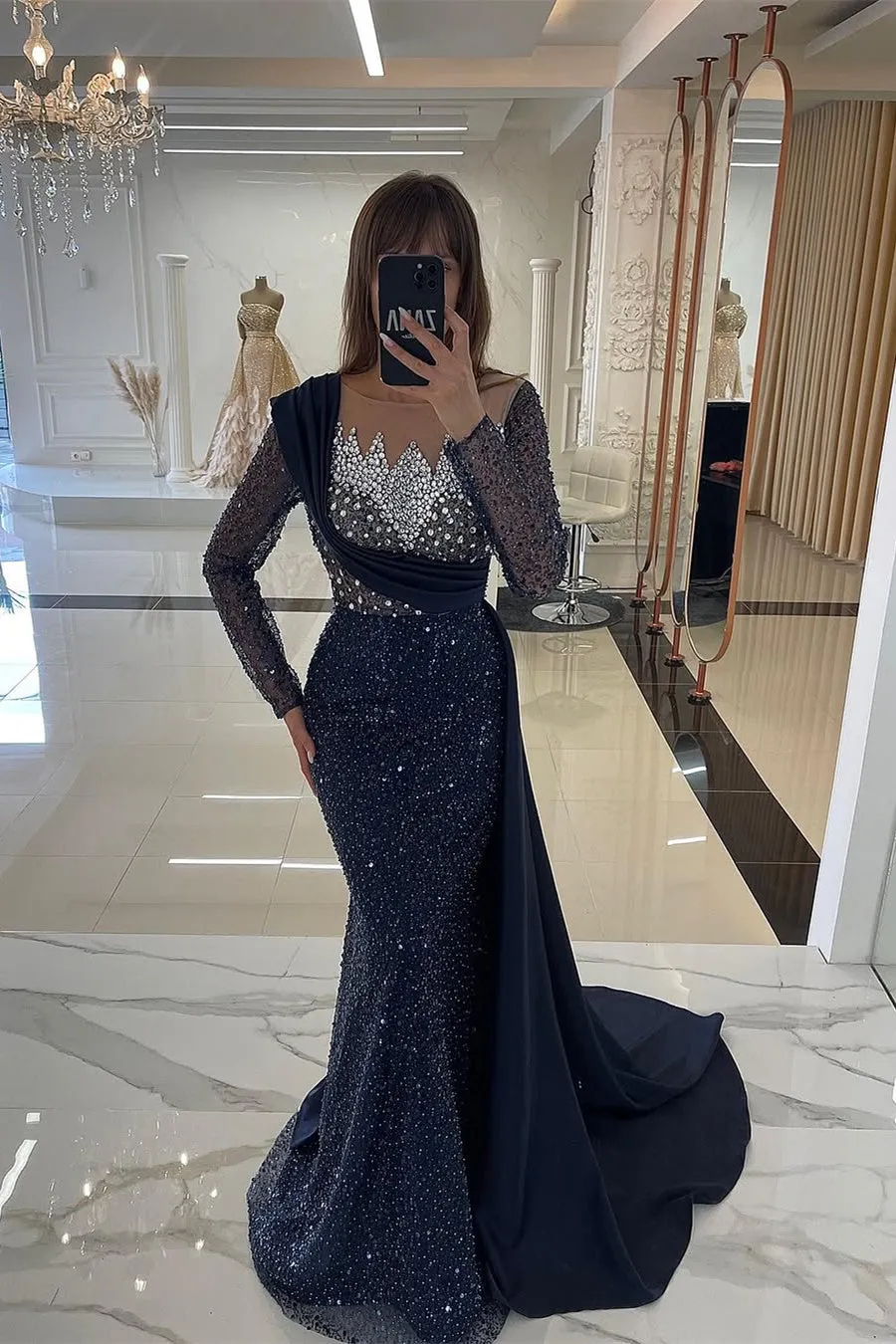 Champange Mermaid Long Sleeves Sequin Floor length Evening Dresses