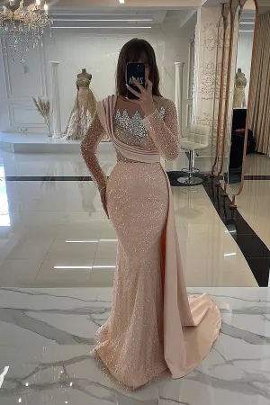 Champange Mermaid Long Sleeves Sequin Floor length Evening Dresses