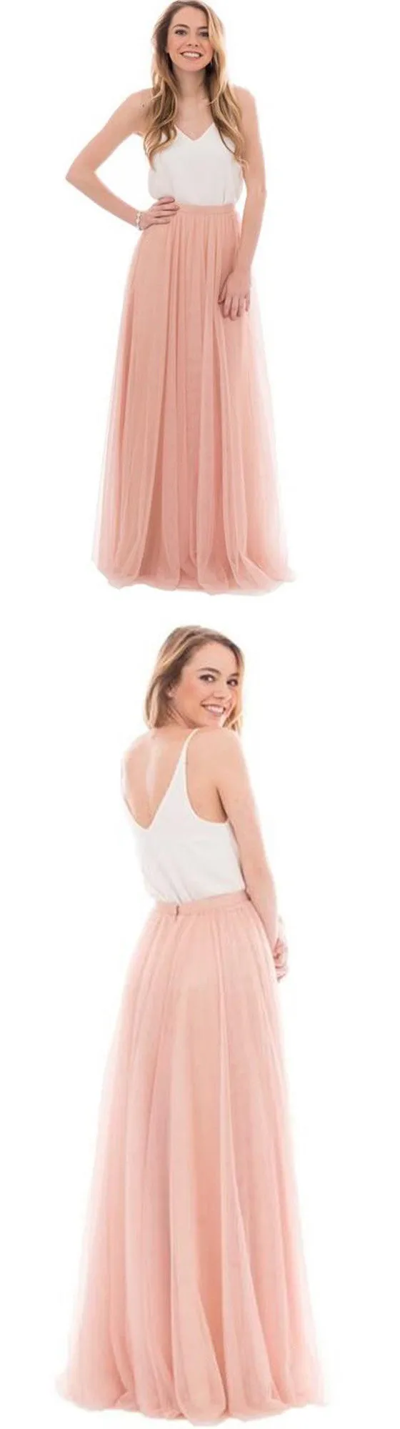 Cheap Junior Scoop Neck White Blush Pink Tulle Long Bridesmaid Dresses, BG51344